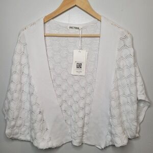 Grace Karin White Boho Cropped Shrug Cardigan Open Front Knit Bolero Top Small